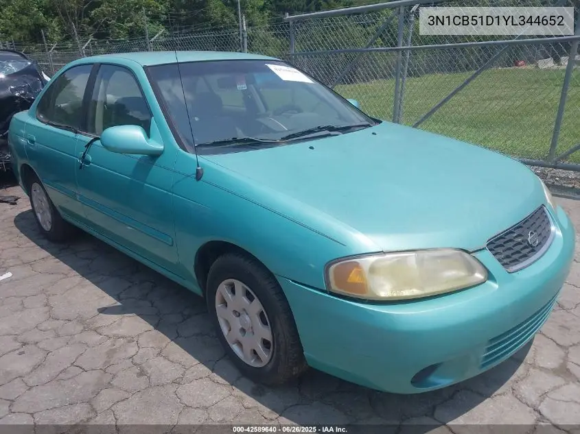 2000 Nissan Sentra Xe/Gxe VIN: 3N1CB51D1YL344652 Lot: 42589640