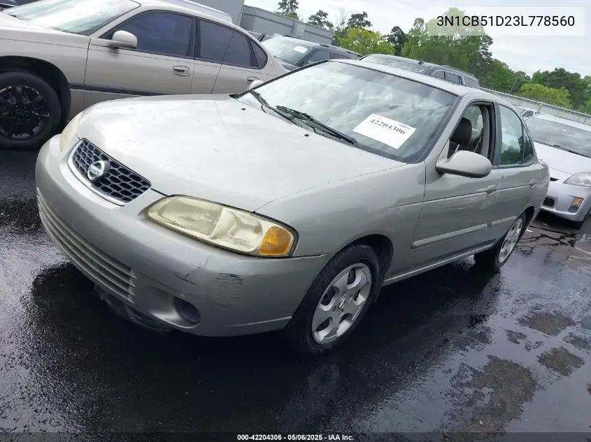 2003 Nissan Sentra Gxe VIN: 3N1CB51D23L778560 Lot: 42204306
