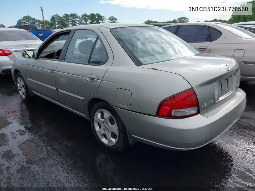 2003 Nissan Sentra Gxe VIN: 3N1CB51D23L778560 Lot: 42204306
