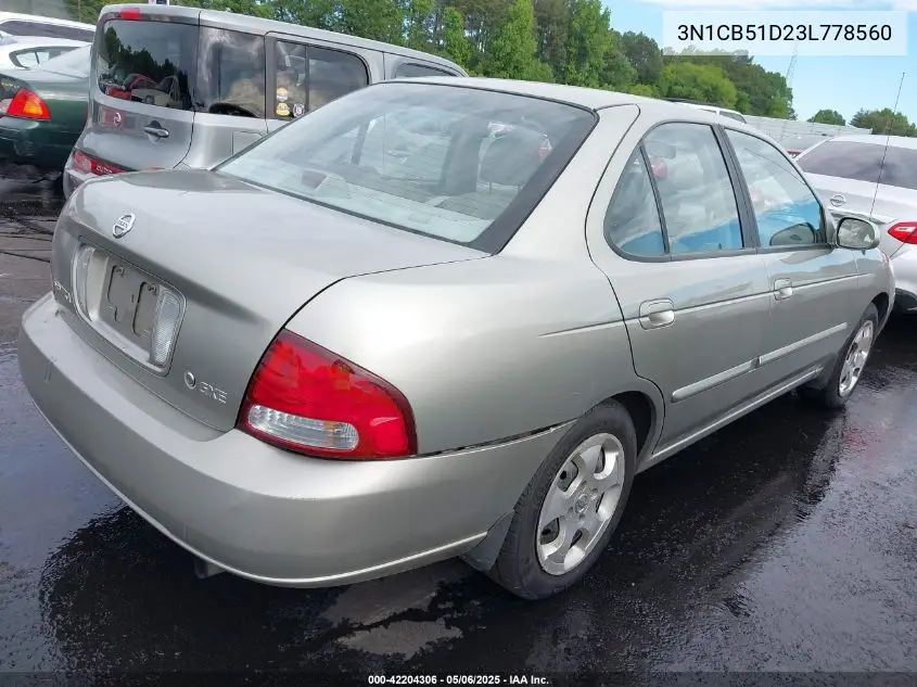 2003 Nissan Sentra Gxe VIN: 3N1CB51D23L778560 Lot: 42204306