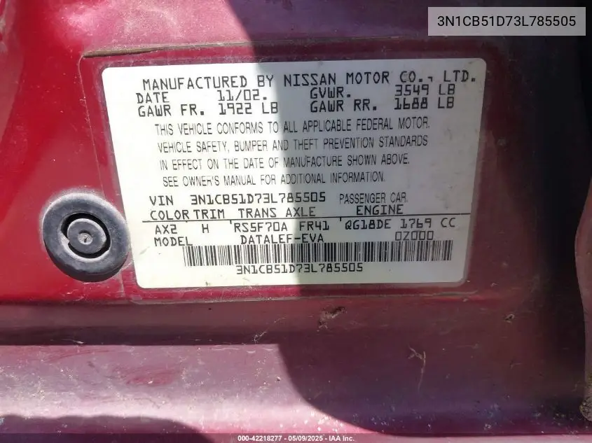 2003 Nissan Sentra Xe VIN: 3N1CB51D73L785505 Lot: 42218277