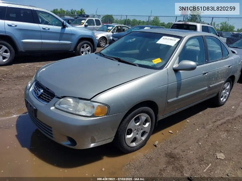 2003 Nissan Sentra Gxe VIN: 3N1CB51D83L820259 Lot: 42619021