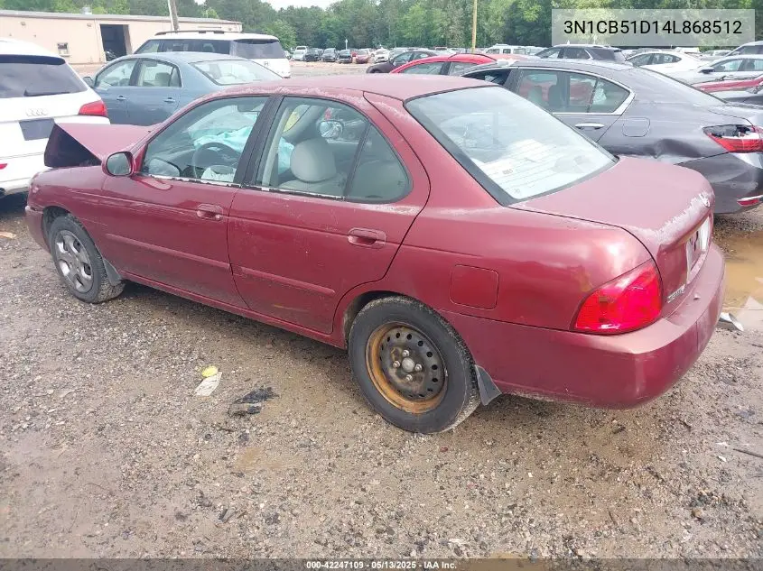 2004 Nissan Sentra 1.8S VIN: 3N1CB51D14L868512 Lot: 42247109