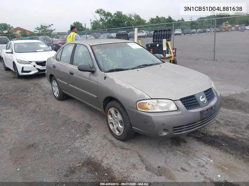 2004 Nissan Sentra 1.8 VIN: 3N1CB51D04L881638 Lot: 42522412