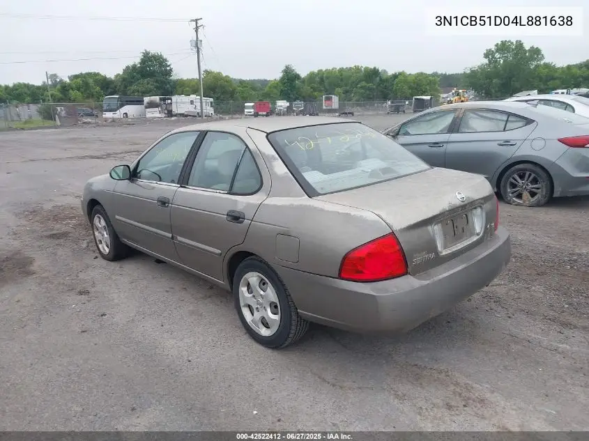 2004 Nissan Sentra 1.8 VIN: 3N1CB51D04L881638 Lot: 42522412