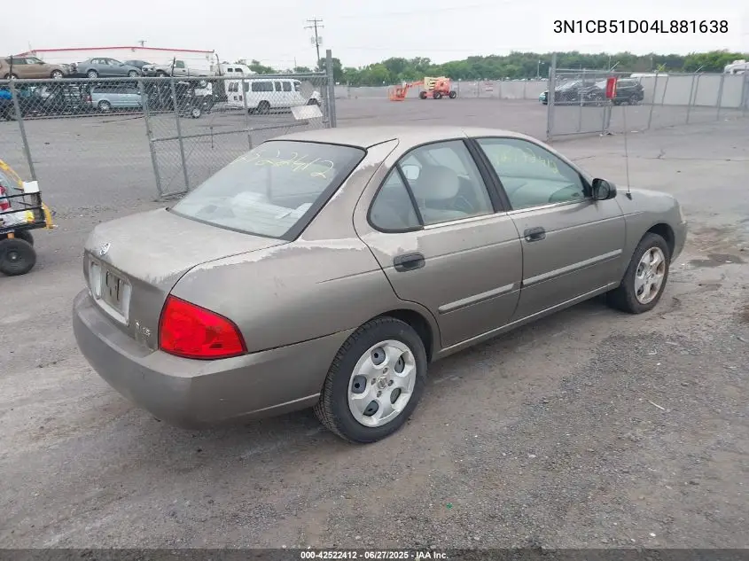 2004 Nissan Sentra 1.8 VIN: 3N1CB51D04L881638 Lot: 42522412