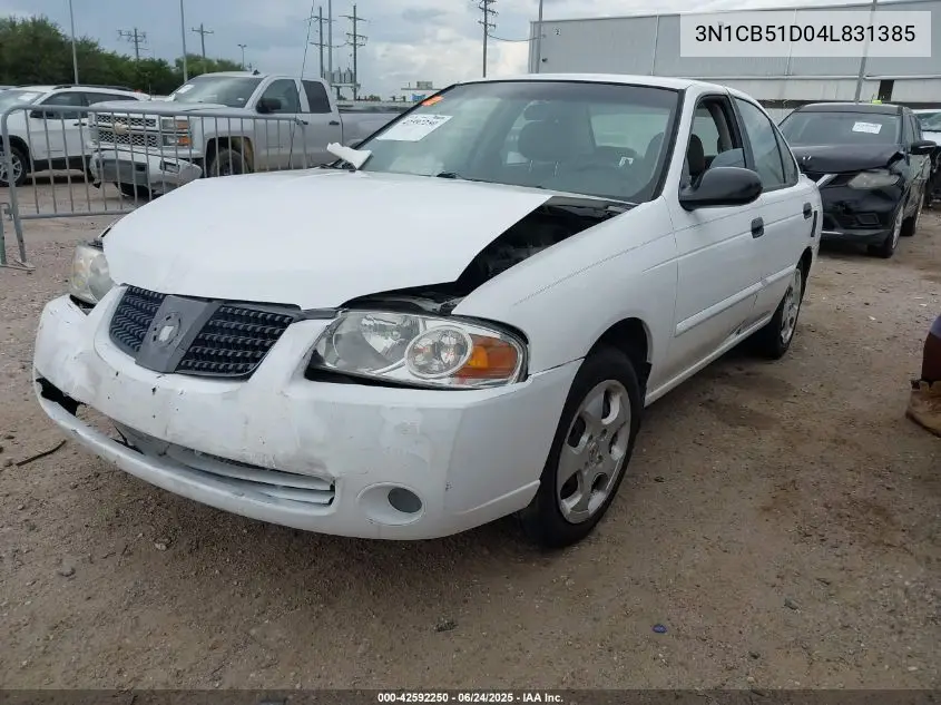 2004 Nissan Sentra 1.8 (50 State) Ulev (A4) VIN: 3N1CB51D04L831385 Lot: 42592250