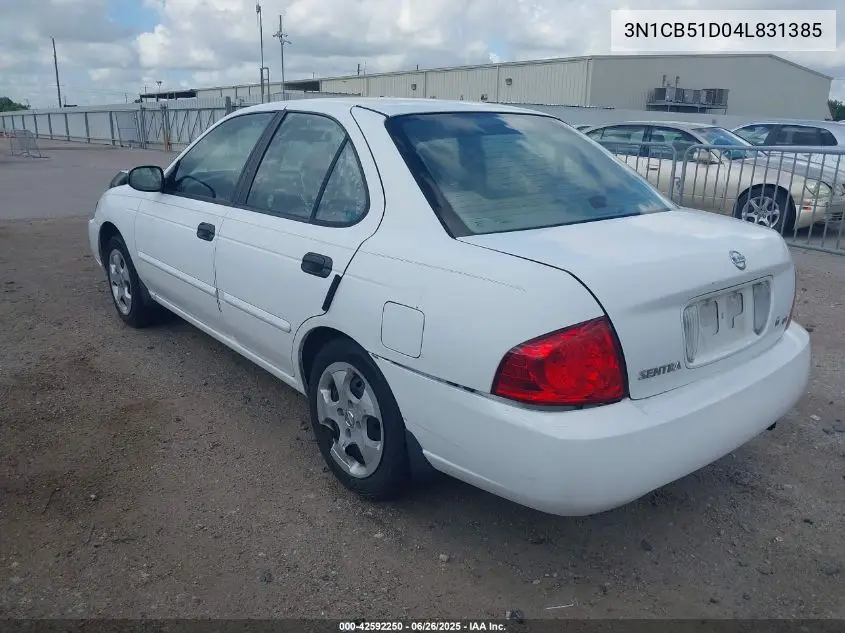 2004 Nissan Sentra 1.8 (50 State) Ulev (A4) VIN: 3N1CB51D04L831385 Lot: 42592250