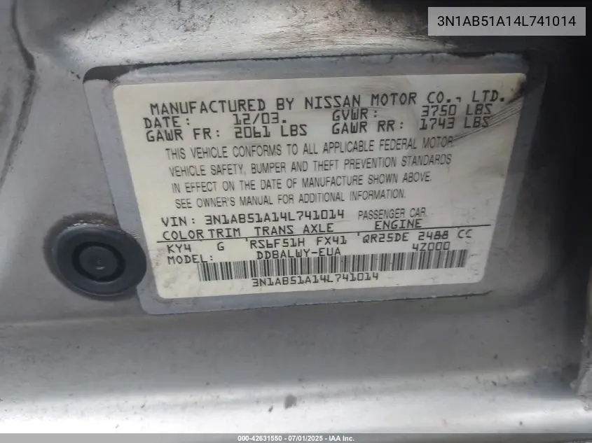 2004 Nissan Sentra 2.5S VIN: 3N1AB51A14L741014 Lot: 42631550