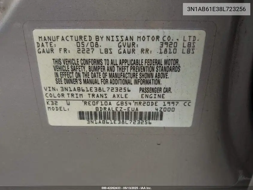2008 Nissan Sentra 2.0S VIN: 3N1AB61E38L723256 Lot: 42262433