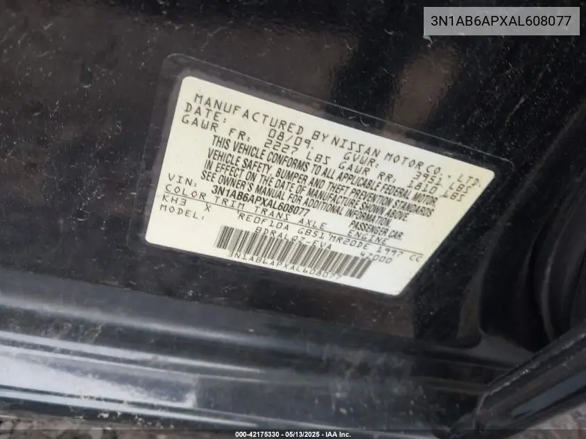 2010 Nissan Sentra 2.0 VIN: 3N1AB6APXAL608077 Lot: 42175330