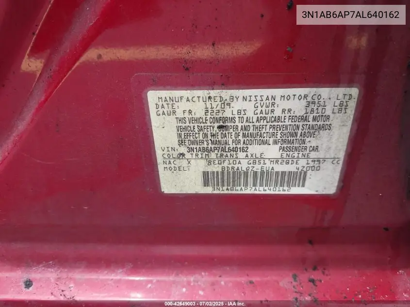 2010 Nissan Sentra 2.0 VIN: 3N1AB6AP7AL640162 Lot: 42649003