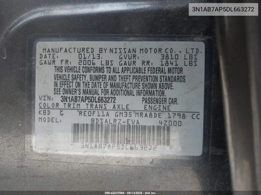 2013 Nissan Sentra Sr VIN: 3N1AB7AP5DL663272 Lot: 42237064