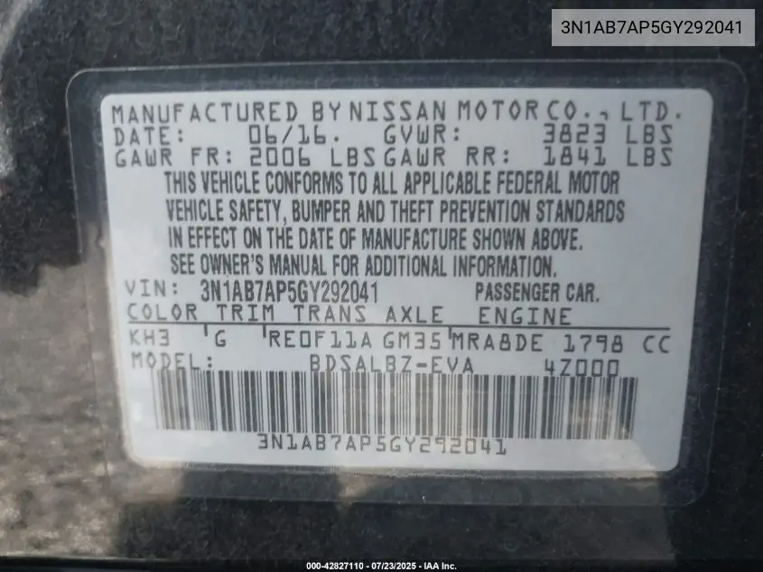 2016 Nissan Sentra Fe+ S/S/Sl/Sr/Sv VIN: 3N1AB7AP5GY292041 Lot: 42827110
