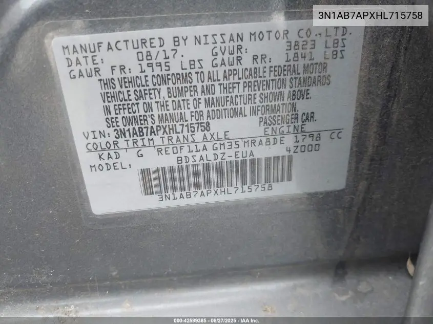 2017 Nissan Sentra Sv VIN: 3N1AB7APXHL715758 Lot: 42599385