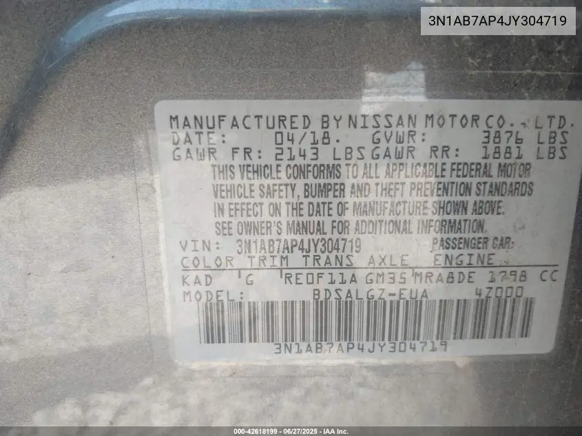 2018 Nissan Sentra Sl VIN: 3N1AB7AP4JY304719 Lot: 42618199