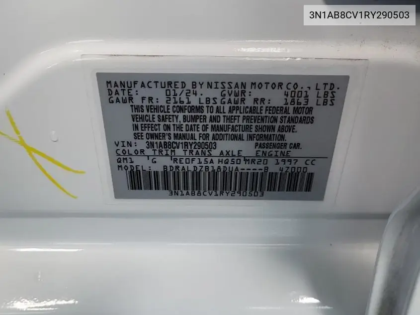 2024 Nissan Sentra Sv Xtronic Cvt VIN: 3N1AB8CV1RY290503 Lot: 42832742