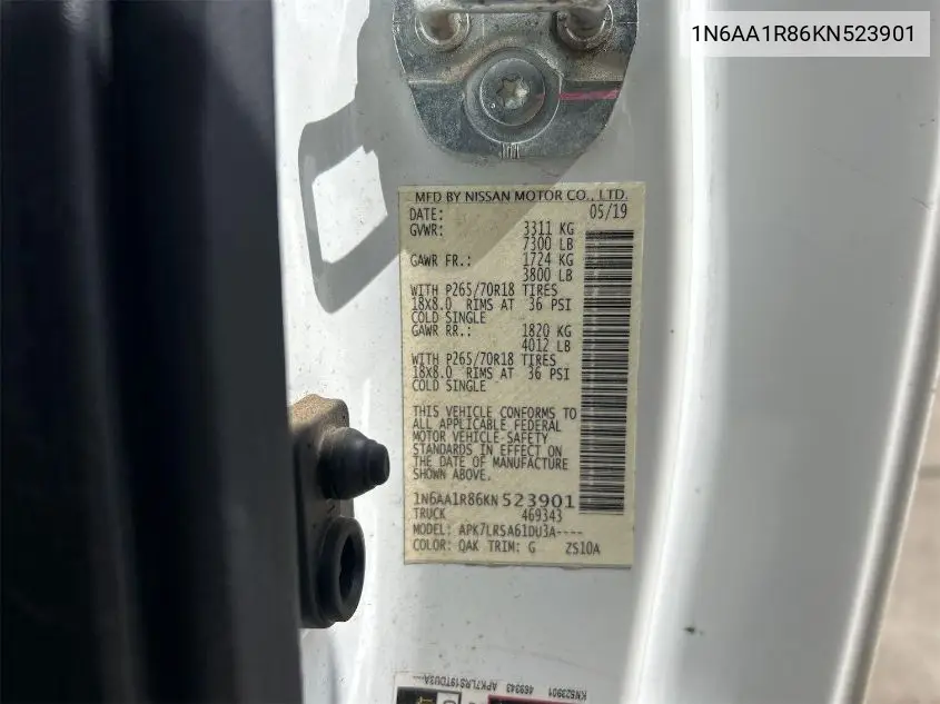 2019 Nissan Titan S/Sv VIN: 1N6AA1R86KN523901 Lot: 42260133