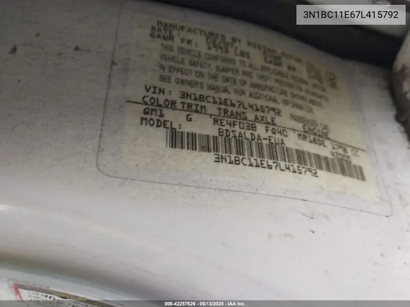 2007 Nissan Versa 1.8S VIN: 3N1BC11E67L415792 Lot: 42257626