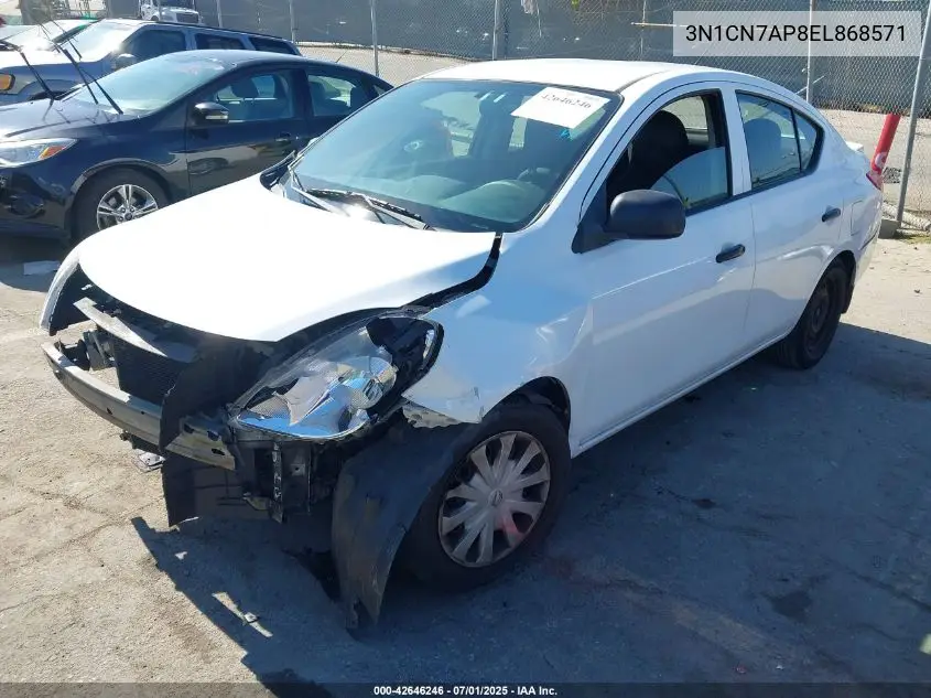 2014 Nissan Versa 1.6 S+ VIN: 3N1CN7AP8EL868571 Lot: 42646246
