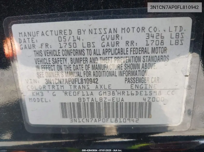 2015 Nissan Versa 1.6 Sv VIN: 3N1CN7AP0FL810942 Lot: 42643854