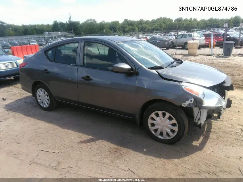 2016 Nissan Versa 1.6 S+ VIN: 3N1CN7AP0GL874786 Lot: 42600098