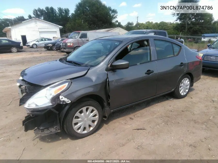 2016 Nissan Versa 1.6 S+ VIN: 3N1CN7AP0GL874786 Lot: 42600098