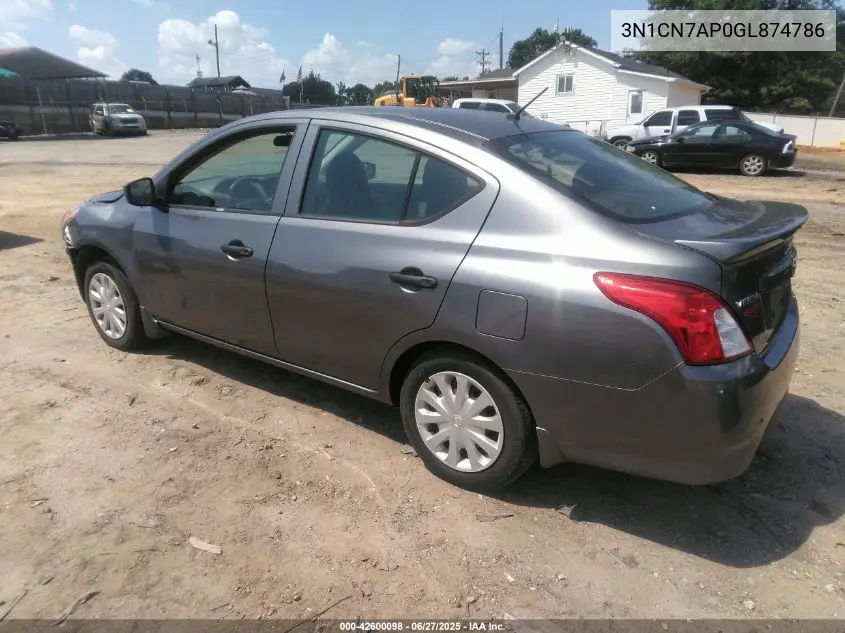 2016 Nissan Versa 1.6 S+ VIN: 3N1CN7AP0GL874786 Lot: 42600098