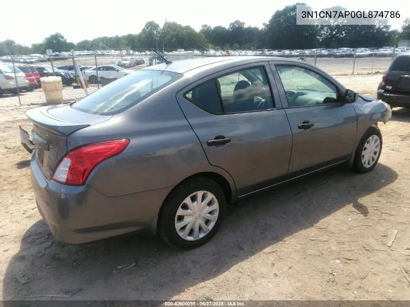 2016 Nissan Versa 1.6 S+ VIN: 3N1CN7AP0GL874786 Lot: 42600098