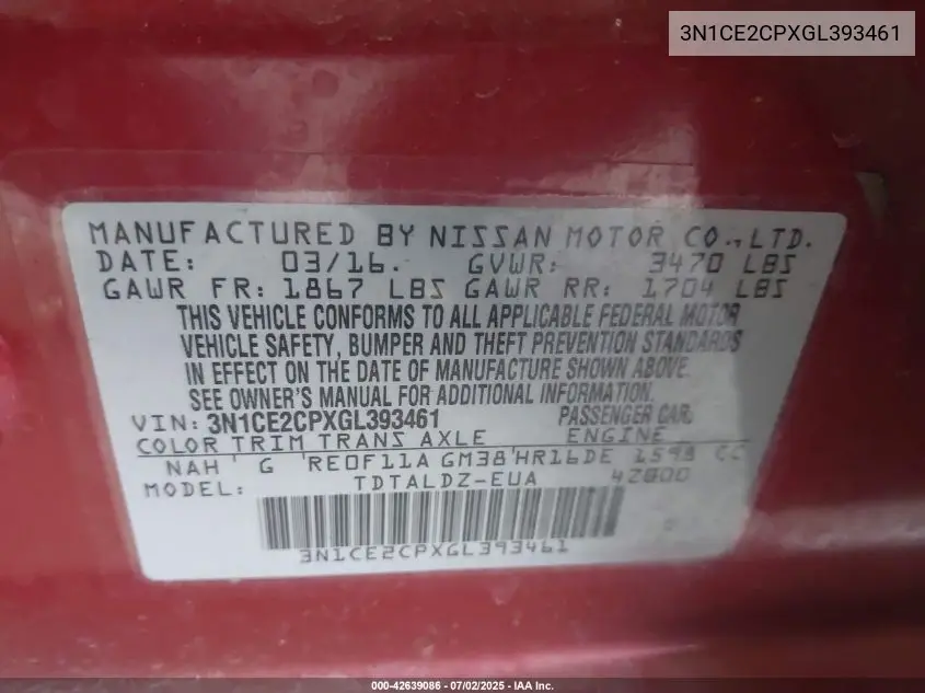 2016 Nissan Versa Note S (Sr)/S Plus/Sl/Sr/Sv VIN: 3N1CE2CPXGL393461 Lot: 42639086
