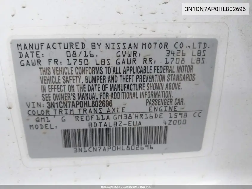 2017 Nissan Versa 1.6 Sv VIN: 3N1CN7AP0HL802696 Lot: 42265558