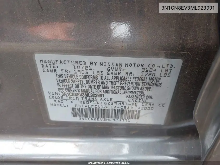 2021 Nissan Versa Sv Xtronic Cvt VIN: 3N1CN8EV3ML923991 Lot: 42270193