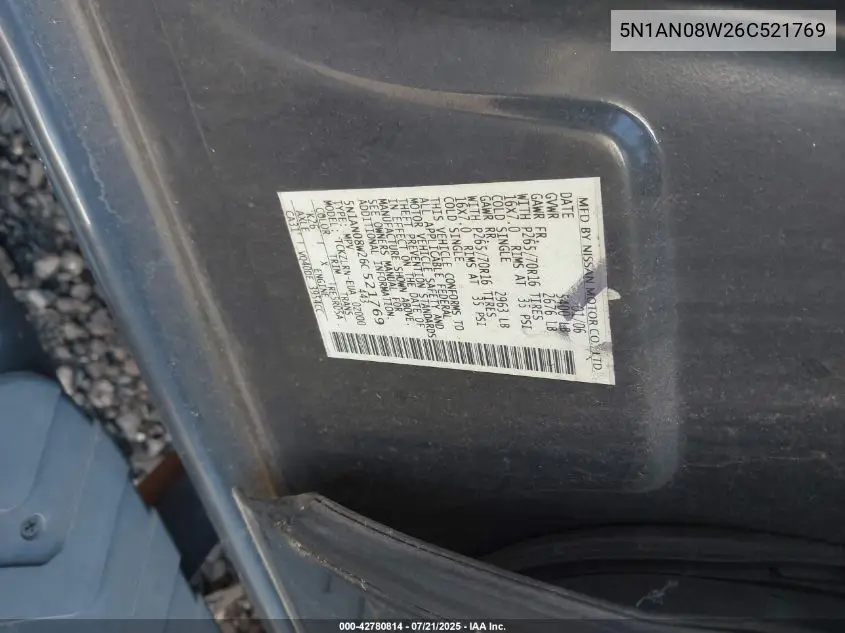 2006 Nissan Xterra S VIN: 5N1AN08W26C521769 Lot: 42780814