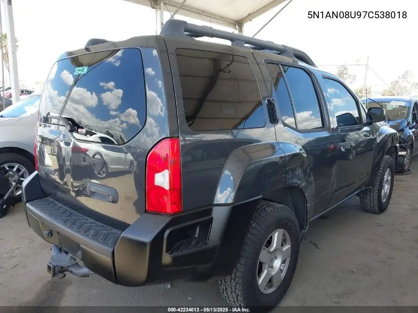 2007 Nissan Xterra S VIN: 5N1AN08U97C538018 Lot: 42234013