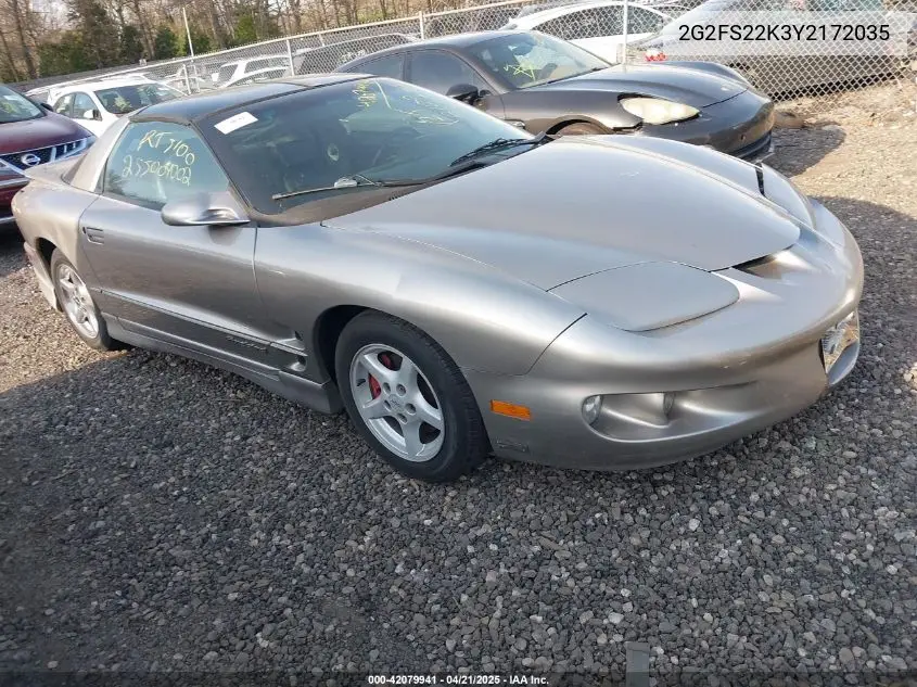 2000 Pontiac Firebird VIN: 2G2FS22K3Y2172035 Lot: 42079941