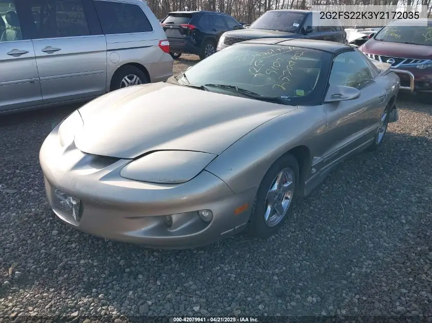2000 Pontiac Firebird VIN: 2G2FS22K3Y2172035 Lot: 42079941
