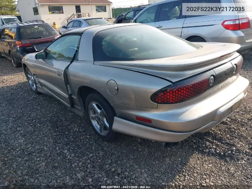 2000 Pontiac Firebird VIN: 2G2FS22K3Y2172035 Lot: 42079941