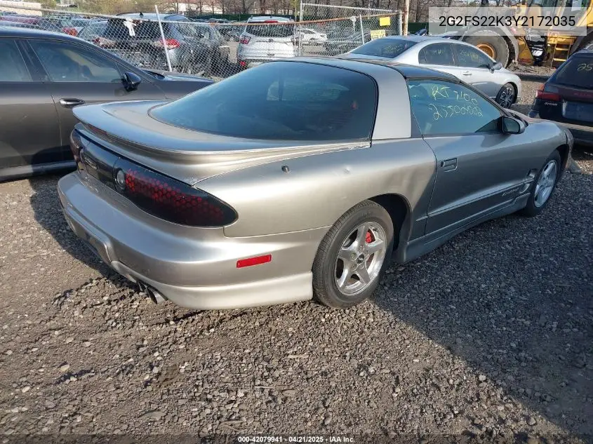 2000 Pontiac Firebird VIN: 2G2FS22K3Y2172035 Lot: 42079941