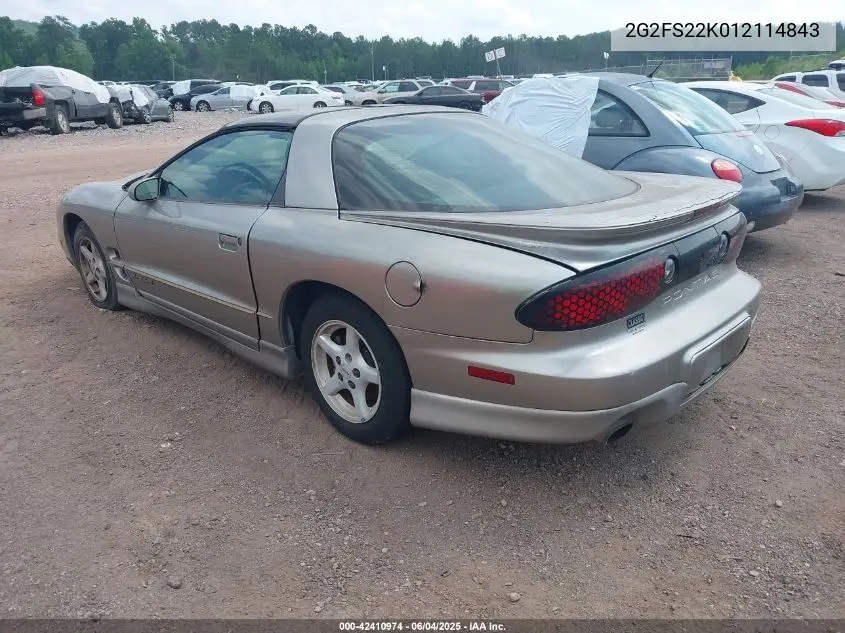 2001 Pontiac Firebird VIN: 2G2FS22K012114843 Lot: 42410974