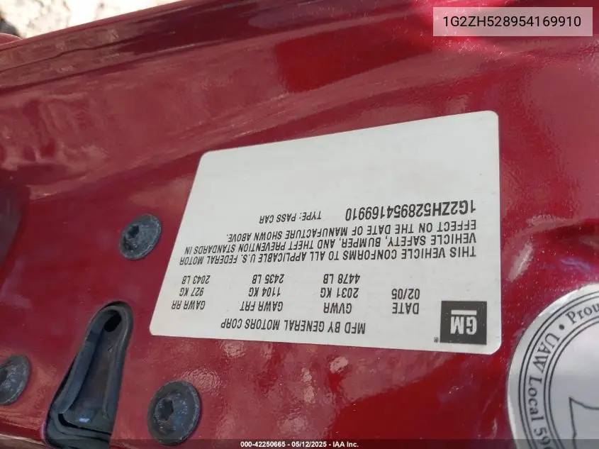 2005 Pontiac G6 Gt VIN: 1G2ZH528954169910 Lot: 42250665