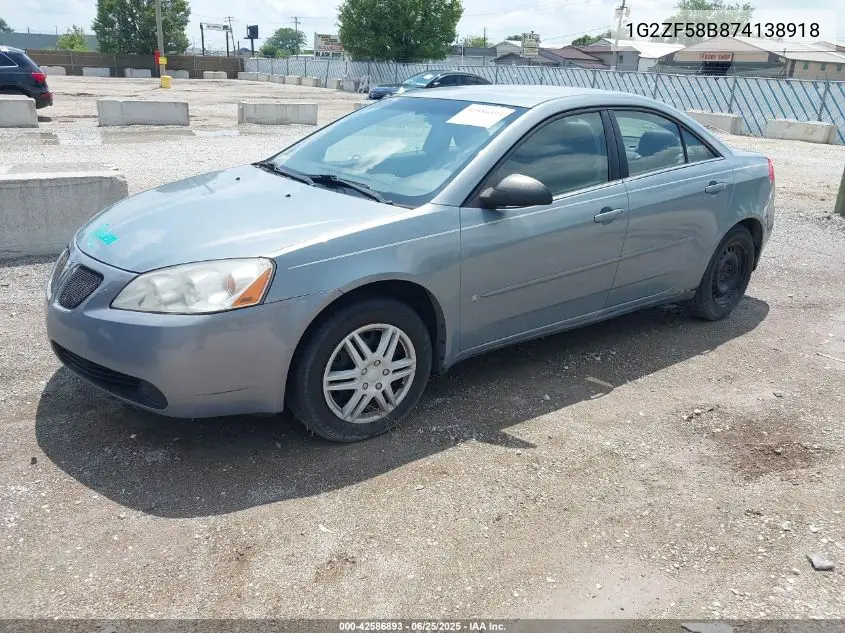 2007 Pontiac G6 Value Leader/Base VIN: 1G2ZF58B874138918 Lot: 42586893