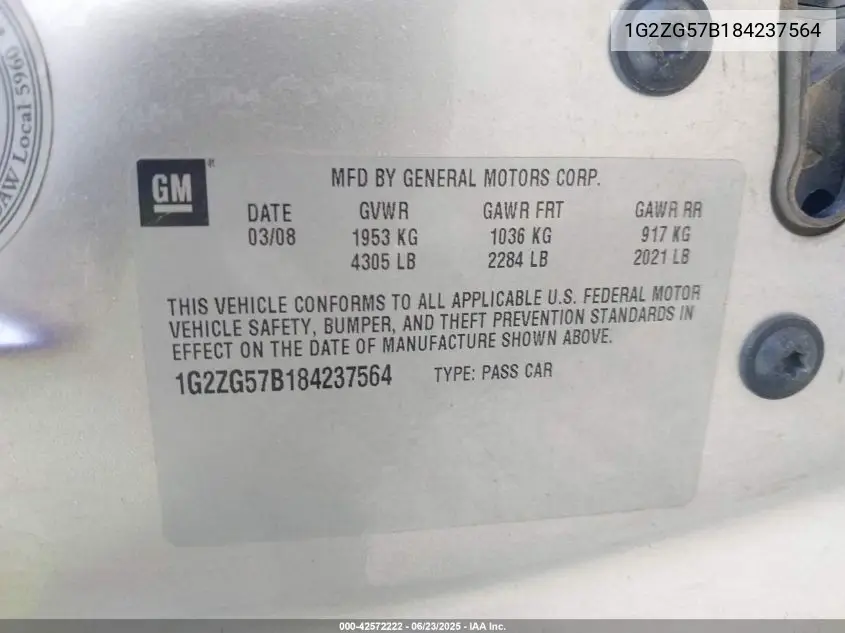 2008 Pontiac G6 VIN: 1G2ZG57B184237564 Lot: 42572222