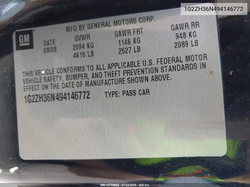 2009 Pontiac G6 Gt VIN: 1G2ZH36N494146772 Lot: 42795655