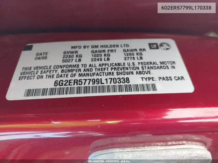 2009 Pontiac G8 VIN: 6G2ER57799L170338 Lot: 42088706