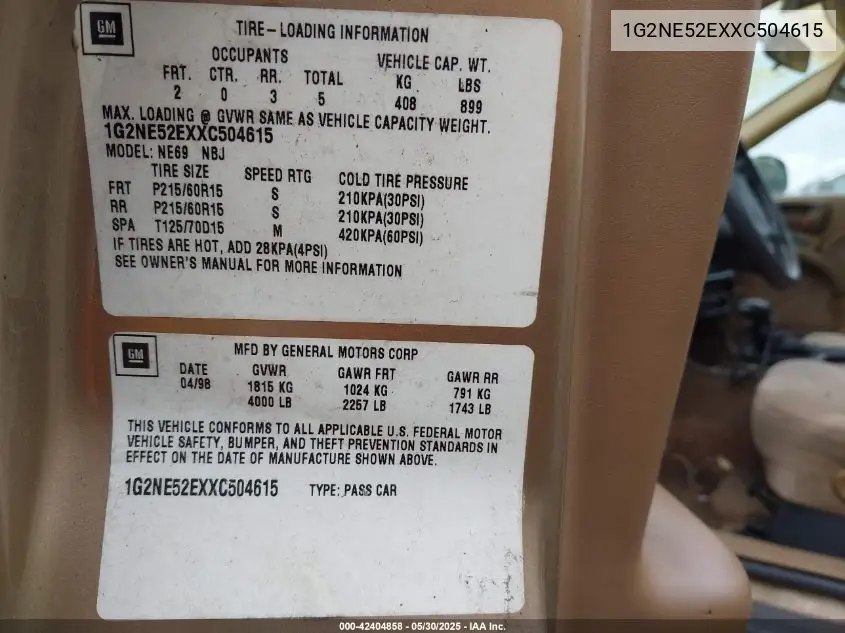 1999 Pontiac Grand Am Se1 VIN: 1G2NE52EXXC504615 Lot: 42404858