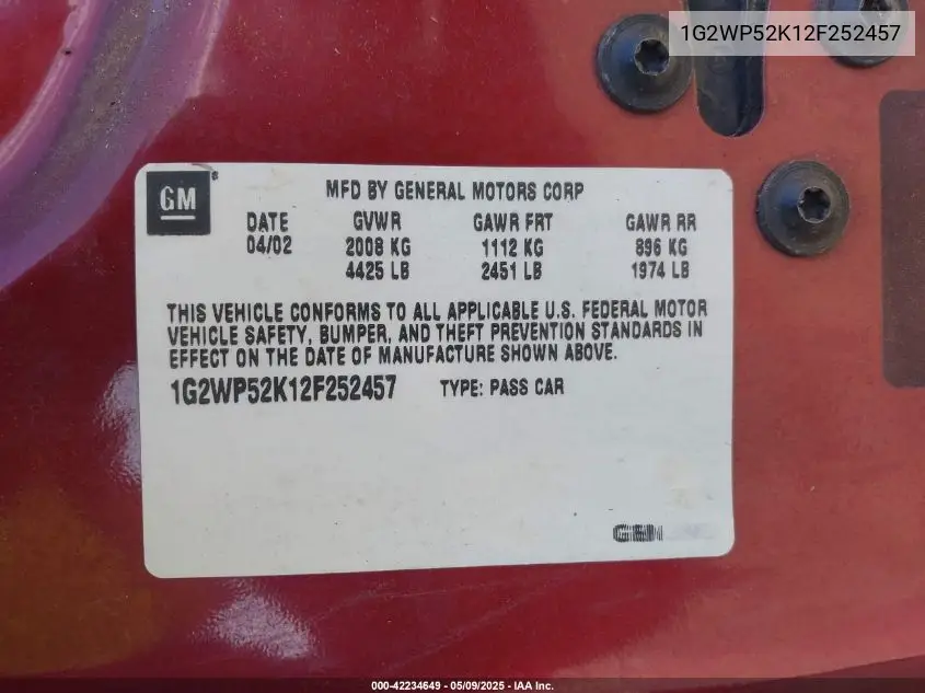 2002 Pontiac Grand Prix Gt VIN: 1G2WP52K12F252457 Lot: 42234649