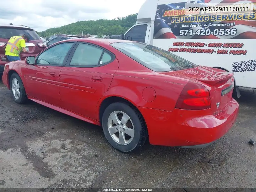 2008 Pontiac Grand Prix VIN: 2G2WP552981160511 Lot: 42524715