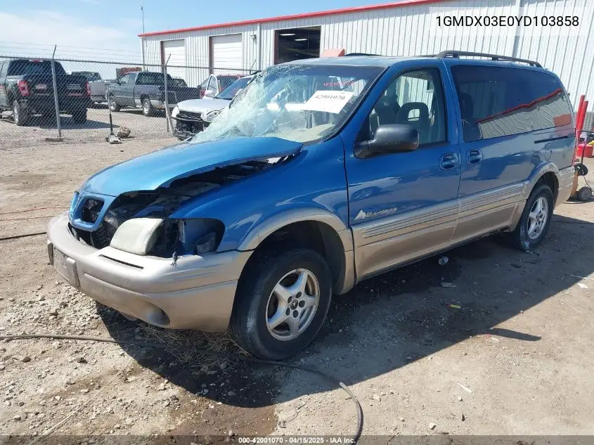 2000 Pontiac Montana M16 VIN: 1GMDX03E0YD103858 Lot: 42001070
