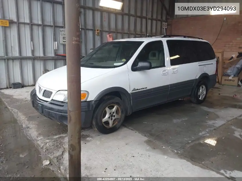 2000 Pontiac Montana VIN: 1GMDX03E3YD294093 Lot: 42234907
