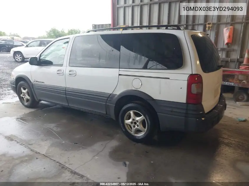 2000 Pontiac Montana VIN: 1GMDX03E3YD294093 Lot: 42234907